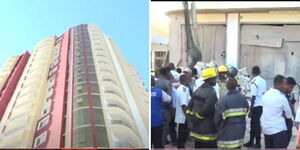 A collage of the 18-storey building and a gathering following the death of a construction worker in Mombasa on March 12, 2024