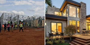 Construction works ongoing at Kelvin Kiptum's home (left) and a design of a precast building.