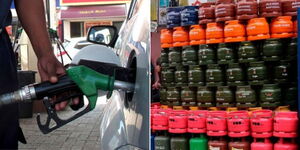 A petrol attendant pumping fuel into a car (left) and gas cylinders piled at a depot in Nairobi.