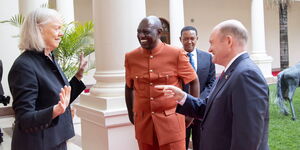 President William Ruto together with Delaware Senator Chris Coons and  US Ambassador to Kenya Meg Whitman at State House on Friday, August 18.