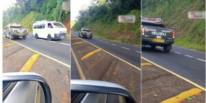 A collage of the police vehicle speeding on the wrong side of the road at the Nithi Bridge slope in Tharaka Nithi County. 