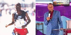 A photo collage of marathon runner Cosmas Ndeti who transitioned into preaching. 