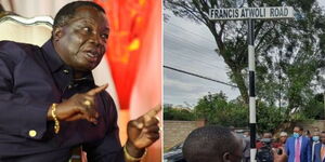 COTU Secretary General Francis Atwoli (left) and a road sign baring his name.