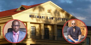 The Milimani Law Courts in Nairobi and inserts of Preacher Robert Burale (left) and Radio Host Alex Mwakideu.