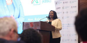 Cabinet Secretary for Investments, Trade and Industry, Rebecca Miano speaks during the launch of the Karibu Business Support Centre on April15, 2024