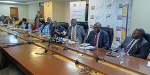 MSEA Chair James Mureu, Cooperative CEO Simon Chelugui (centre) and CEO MSEA Henry Rithaa (second right) at NSSF buildings where the government launched the National Organising Committee for the 23rd EAC MSMEs Trade Fair in Burundi 