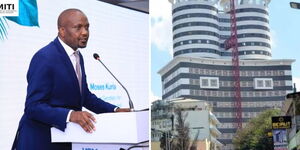 A photo collage of Trade CS Moses Kuria addressing traders of Voluntary Carbon Market (VCM) on June 13, 2023, in Nairobi and Nation Media Group offices along Kimathi Street, Nairobi. 