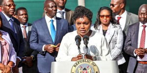 Health CS Susan Nakhumicha (centre) addresses a gathering during the flagging off of oxygen gas cylinders in Nairobi on April 18, 2023.