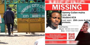 The entrance of city mortuary (left) and the missing persons poster of Cullen Maina.