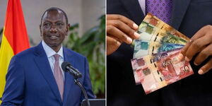 President William Ruto speaking in Ghana on  April 3, 2023 (left) and Former CBK Governor Patrick Njoroge holding the new Kenyan notes.