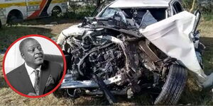 Former Lugari MP Cyrus Jirongo's wrecked car and an insert of the former cabinet minister.