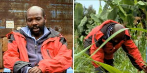 Cyrus Ndiki during an interview with NTV (left) and working on a farm.