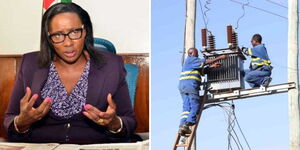 Dagoretti North MP Beatrice Elachi and engineers from Kenya Power repairing a transformer.