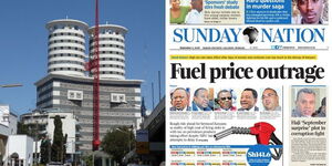 Daily Nation's headquarters Nation Center along Kimathi Street, Nairobi, (left) and the cover of Daily Nation.