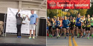 Damaris Areba recognised as winner of the Milwaukee Lakefront Marathon by director Scott Stauske (left) and athletes participate in the marathon.