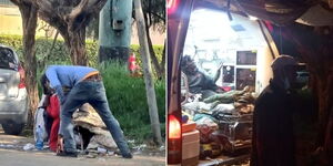 A side by side image of Dante and his mother living on the streets (left) and his mother receiving medical assistance in an ambulance.