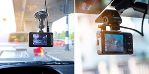 Photo collage of dashboard camera fixed on the windscreen of a car