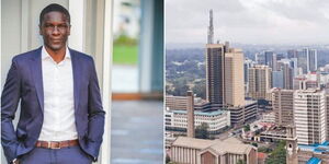 Photo collage of David Dindi, Atomic Invest CEO and Aerial view of Nairobi Central Business District (CBD)