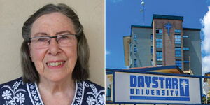 Daystar University founder Faye Smith (left) and entrance to the institution.