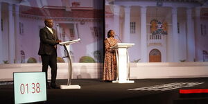 Kenya Kwanza's deputy presidential candidate Rigathi Gachagua (left) and Azimio la Umoja's Martha Karua at CUEA on July 19, 2022.