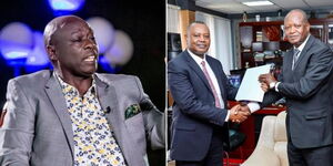 A collage image of Deputy President Rigathi Gachagua (left) and former DCI boss George Kinoti handing over to Hamisi Massa (right).