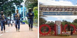A photo collage of DCI special Unit (left) and the main entrance to JKUAT main campus (right)
