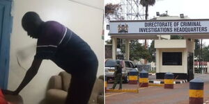 Wanted father beating his son in Nakuru (left) and the DCI headquarters along Kiambu Road.