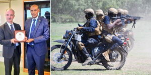 A collage image of the Director of Criminal Investigation Mohammed Amin with the Italian General and International Affairs Director Dr Emilo Russo(Left) and Detectives drawn from the DCI Anti-Terrorism Police Unit’s Emergency Response team(Right)