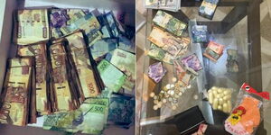A photo collage of money and cash raided at Buru Buru by DCI officers on August 17, 2023.