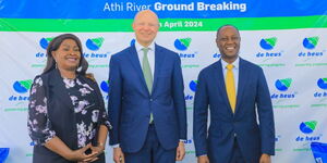 Wavinya Ndeti, Governor Machakos County, Mr. Koen de Heus, CEO De Heus Animal Nutrition B.V. and Hon. Jonathan Mueke, PS Livestock Development during the ground breaking ceremony for the construction animal feeds factory in Athi river. 