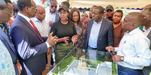 Defence CS Soipan Tuya, alongside Education CS Julius Ogamba, and other officials during the ground breaking ceremony of the Nyamira University on Friday, October 24