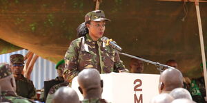CS Soipan Tuya in the visit to the Kenya Defence Forces (KDF),  troops serving under the African Union Support and Stabilization Mission (AUSSOM) in Kismayo, Somalia. 