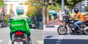 Collage image of two food delivery riders on motorbikes 