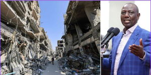 Demolished buildings in Gaza and President William Ruto
