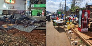 Demolished stalls that were under construction (right) and stranded traders after the demolitions.