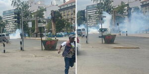 Demonstrators scampering for safety after police officers lob tear gas canisters at them on Nairobi CBD on June 18, 2024