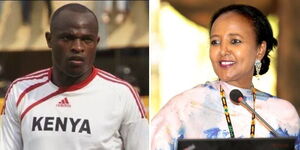 Kenya legend Dennis Oliech (left) and Sports CS Amina Mohamed.