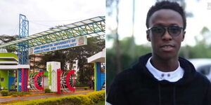 JKUAT University main entrance in Juja (left) and Denzel Omondi who body was found ina quarry on July 6.