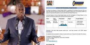 Deputy President Rigathi Gachagua (left) and the fake notice showing Gachagua's new political party.