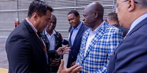 Deputy President Rigathi Gachagua (in checked blue blazer) and Foreign Affairs CS Alfred Mutua (On his right) received in Colombia.