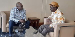 Deputy President Rigathi Gachagua (left) meets former Prime Minister Raila Odinga at a lounge at JKIA in September 2022.