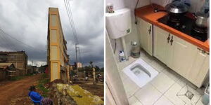 photo collage between a building and interior design of another house