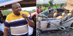 Late Chewani MCA Hamisi Iddi Deye speaking during a past meeting and his crashed car during an accident on Saturday June 17, 2023