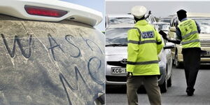 A photo collage of a dirty car (left) and traffic police officers enforcing an arrest on a Kenyan road on July 18, 2029 (right).