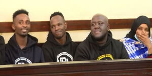 DJ Joe Mfalme (second from right) appears before Kibera Magistrate Margaret Murage on March 25, 2024.