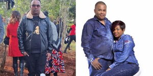 DJ Brownskin attending his fiancee Sharon Njeri Mwangi's funeral in Murang’a County, on August 6, 2022, (left) and the duo posing for a photo. 