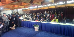 Government officials in a meeting with the KMPDU officials signing agreement documents to mark end of 56 day doctors strike on May 8, 2024