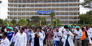 Doctors strike outside Afya House in Nairobi.