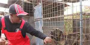 Dog breeder and trainer Cyrus Maina with one of his dogs at his house in Kiambu County