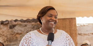 Second Lady Dorcas Rigathi addresses the public at St. Nicholas Rehabilitation Centre in Tigania West on March 24, 2024.